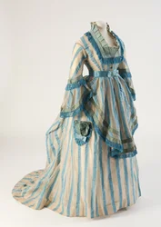 Blue striped cotton gauze day dress, 1874